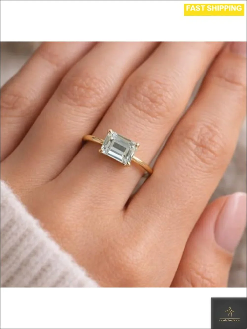 Green Amethyst Baguette Ring 925 Sterling Silver Gold Plated East-West